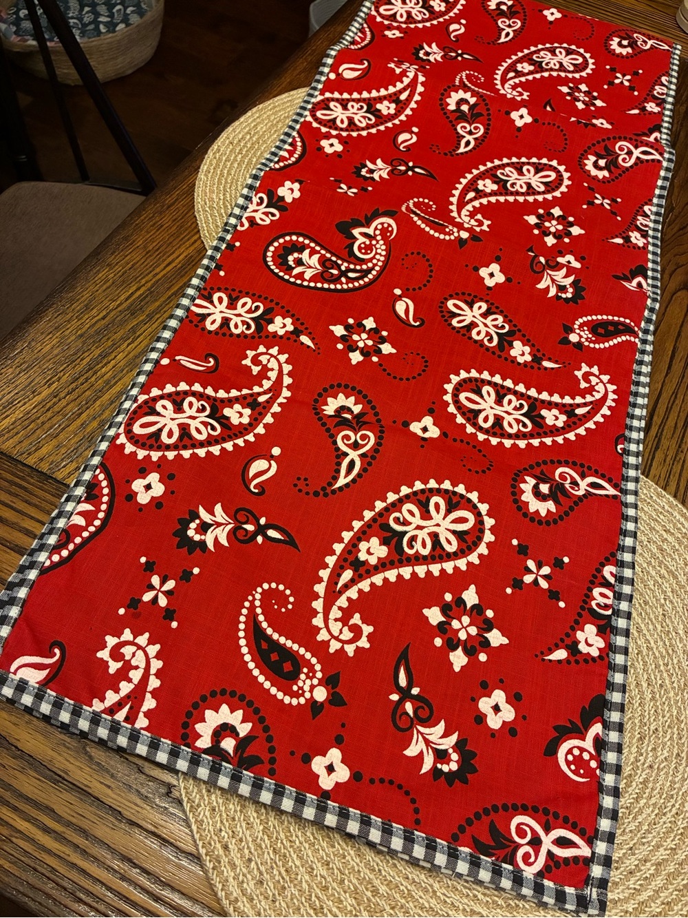 Hobby Lobby Red Paisley Runner with Black & White Gingham Edge